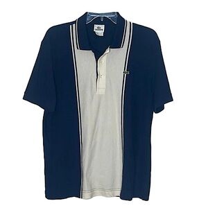 LACOSTE Vintage center stripe Blue and Cream Polo Shirt Classic Design Size 5